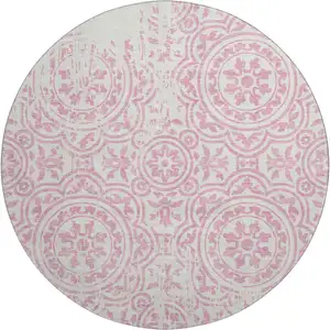 Photo of 8' Pink And Ivory Medallion Washable Round Rug With UV Protection