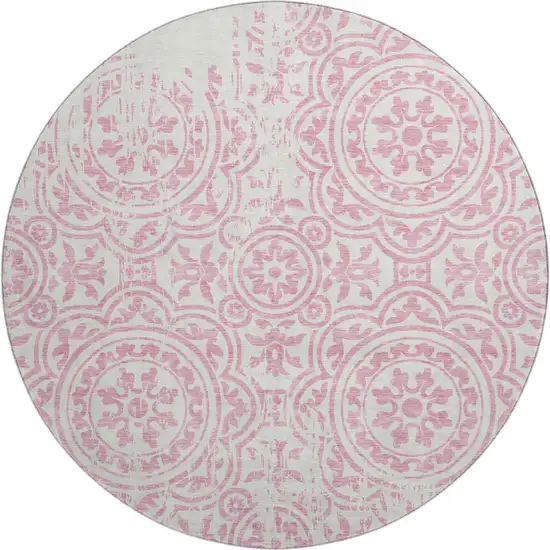 8' Pink And Ivory Medallion Washable Round Rug With UV Protection Photo 1