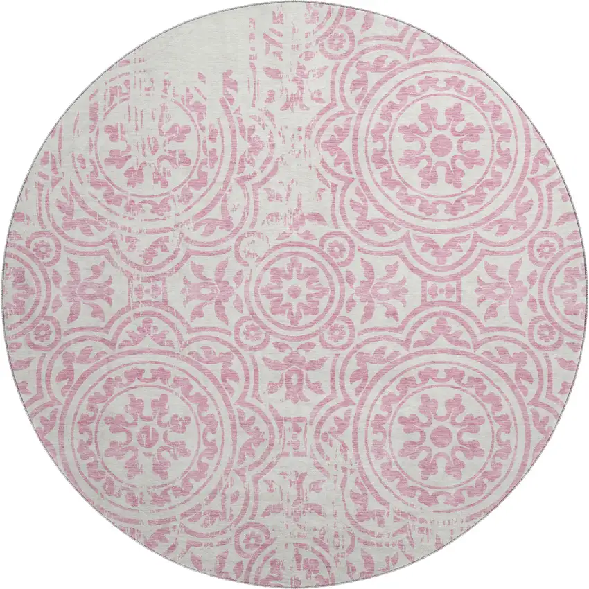 8' Pink And Ivory Medallion Washable Round Rug With UV Protection Photo 1