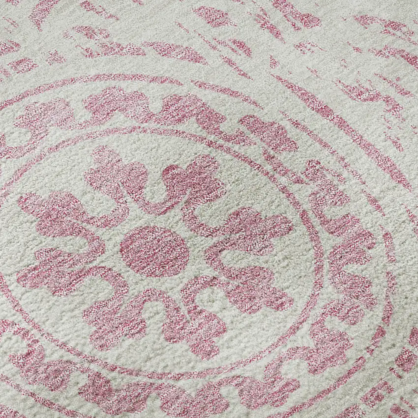 8' Pink And Ivory Medallion Washable Round Rug With UV Protection Photo 9