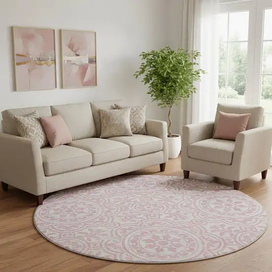 8' Pink And Ivory Medallion Washable Round Rug With UV Protection Photo 1