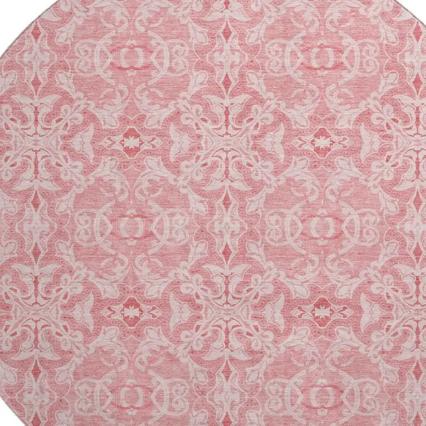8' Pink And Ivory Medallion Washable Round Rug With UV Protection Photo 3