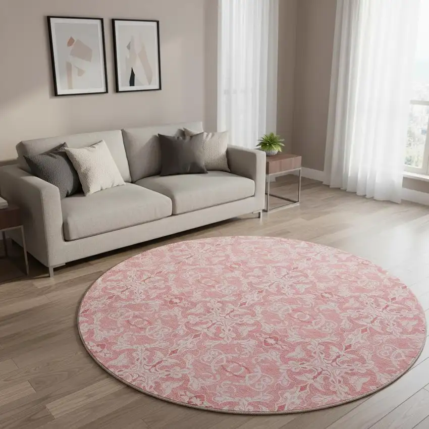 8' Pink And Ivory Medallion Washable Round Rug With UV Protection Photo 2