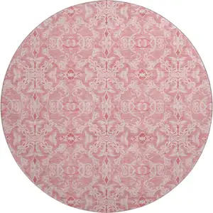 Photo of 8' Pink And Ivory Medallion Washable Round Rug With UV Protection
