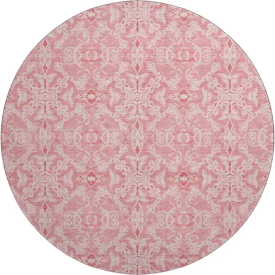 8' Pink And Ivory Medallion Washable Round Rug With UV Protection Photo 1