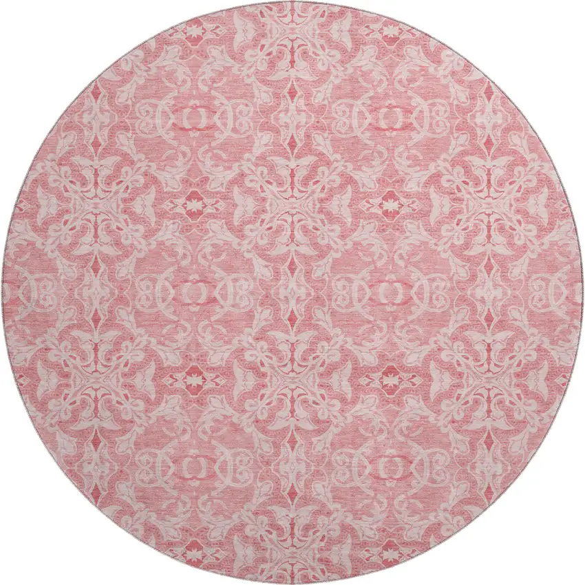 8' Pink And Ivory Medallion Washable Round Rug With UV Protection Photo 1