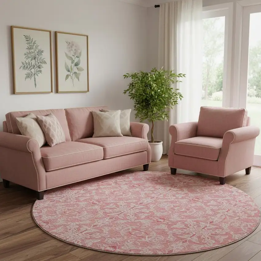 8' Pink And Ivory Medallion Washable Round Rug With UV Protection Photo 1