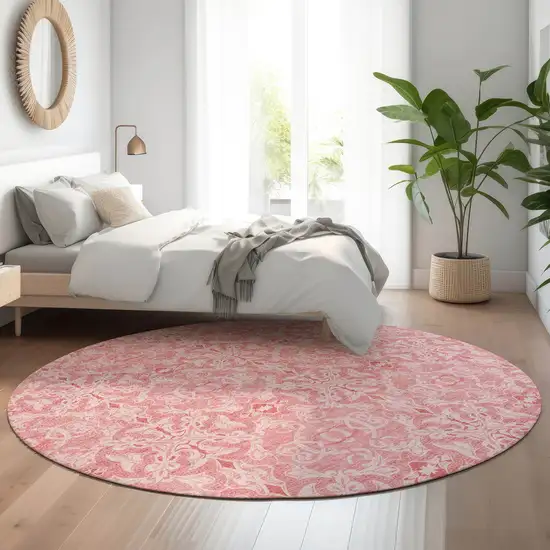 8' Pink And Ivory Medallion Washable Round Rug With UV Protection Photo 5