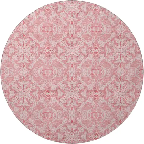 8' Pink And Ivory Medallion Washable Round Rug With UV Protection Photo 4