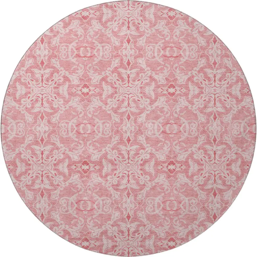 8' Pink And Ivory Medallion Washable Round Rug With UV Protection Photo 4