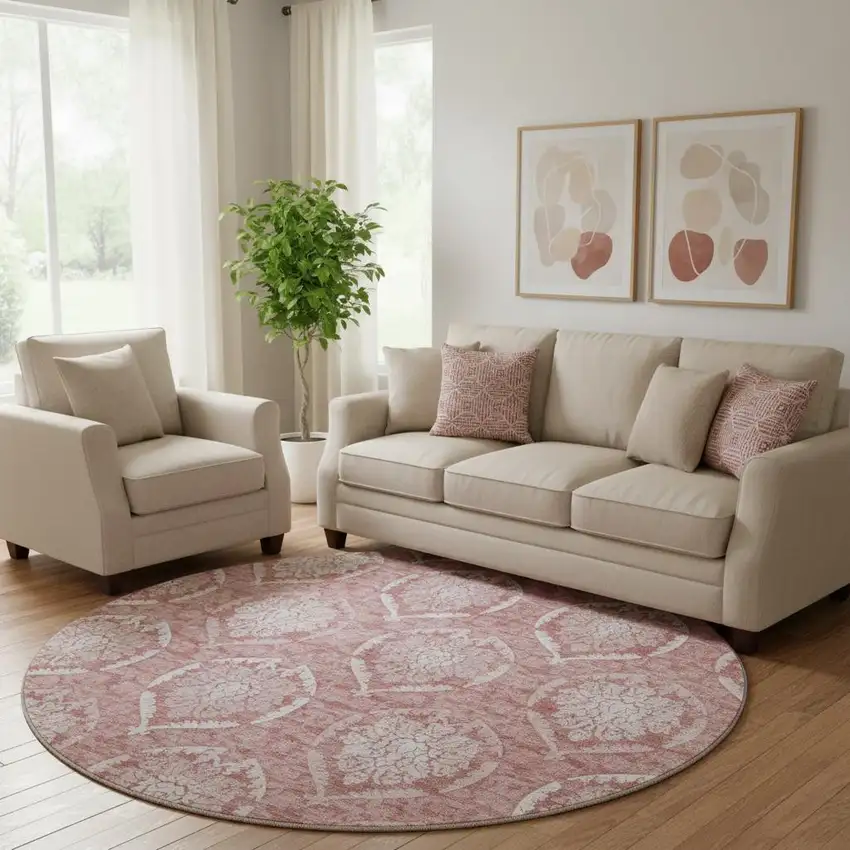 8' Pink And Ivory Medallion Washable Round Rug With UV Protection Photo 1