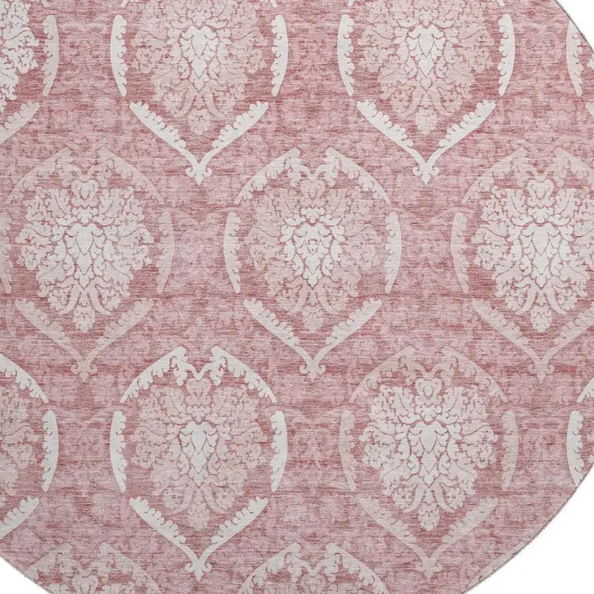 8' Pink And Ivory Medallion Washable Round Rug With UV Protection Photo 3