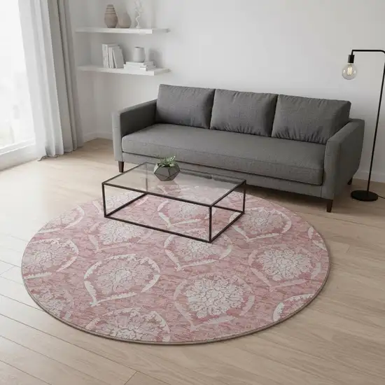 8' Pink And Ivory Medallion Washable Round Rug With UV Protection Photo 2