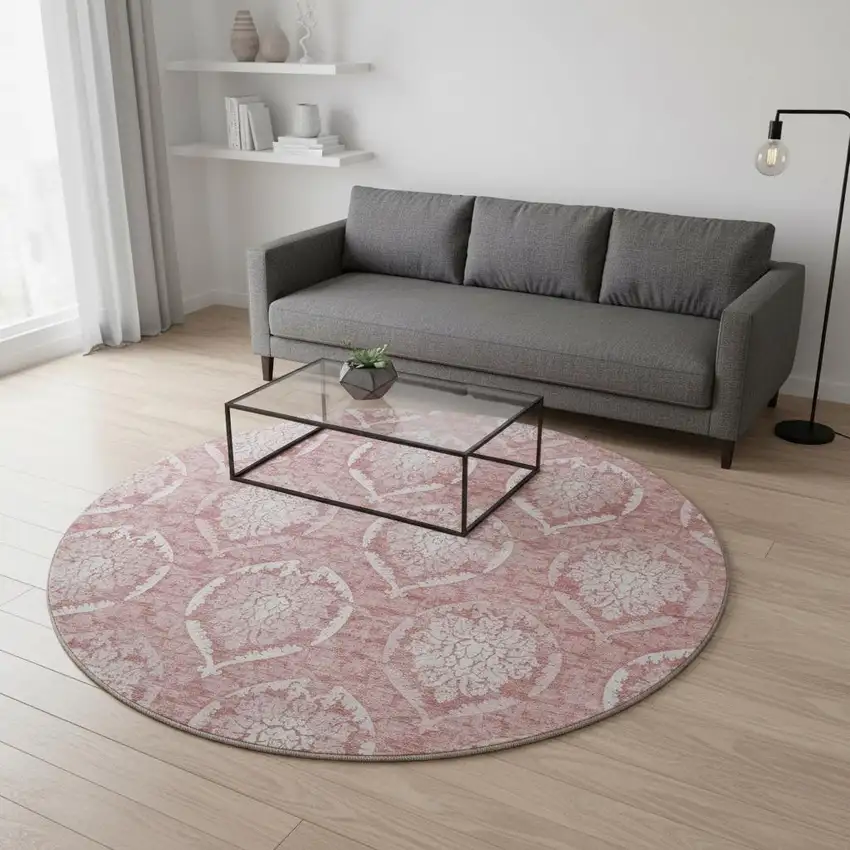 8' Pink And Ivory Medallion Washable Round Rug With UV Protection Photo 2