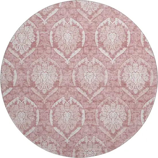 8' Pink And Ivory Medallion Washable Round Rug With UV Protection Photo 1