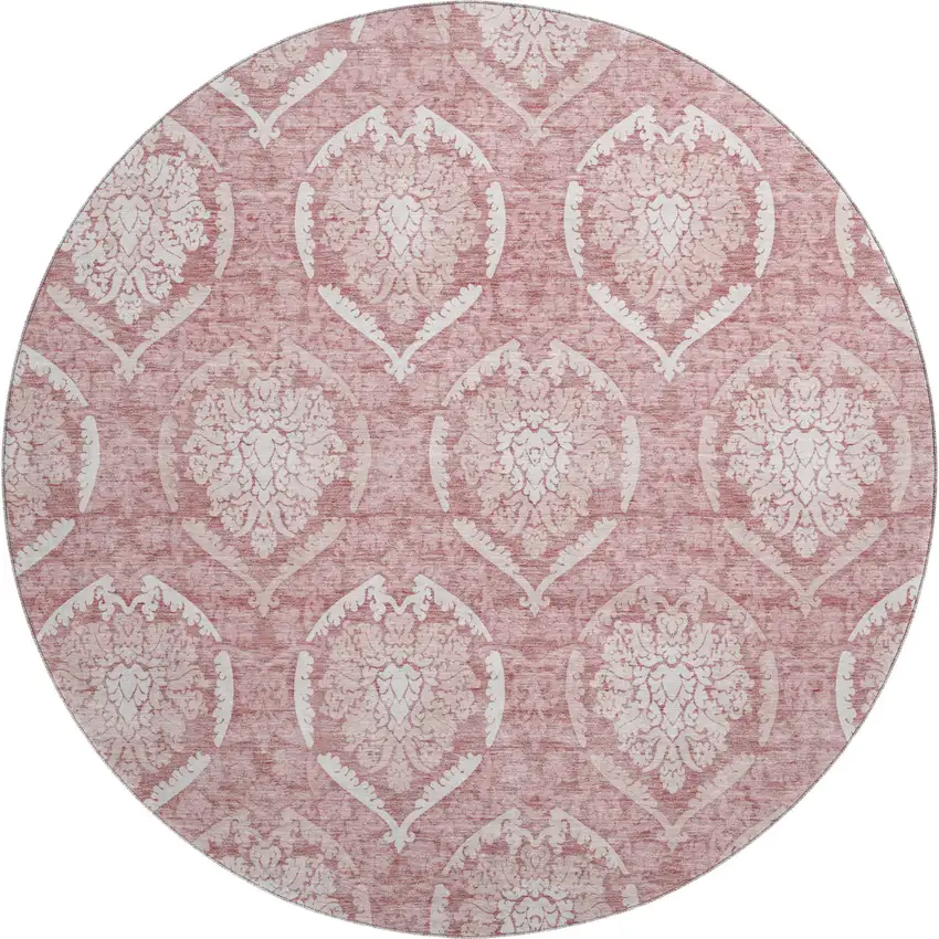 8' Pink And Ivory Medallion Washable Round Rug With UV Protection Photo 1