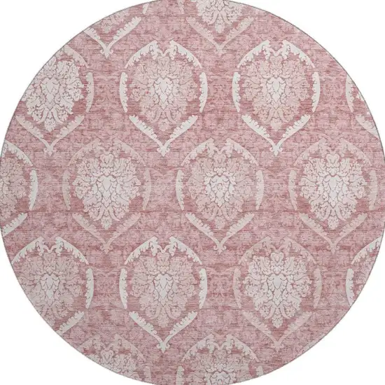 8' Pink And Ivory Medallion Washable Round Rug With UV Protection Photo 4