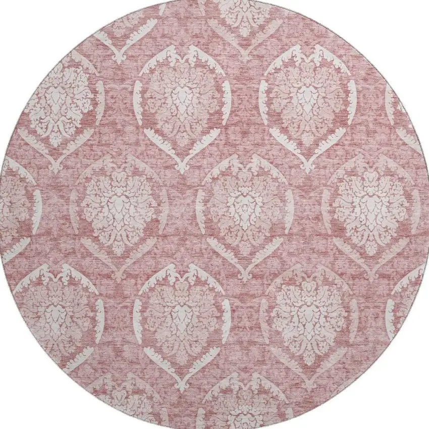 8' Pink And Ivory Medallion Washable Round Rug With UV Protection Photo 4