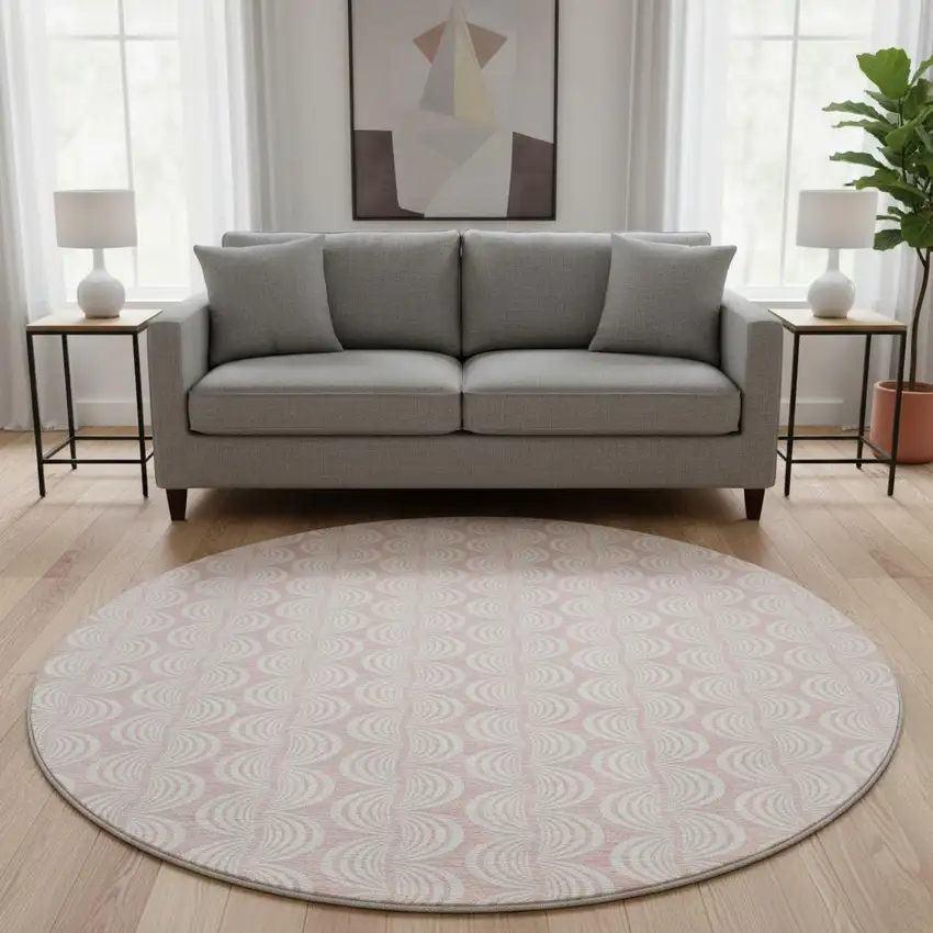 8' Pink And Ivory Ogee Washable Round Rug With UV Protection Photo 2