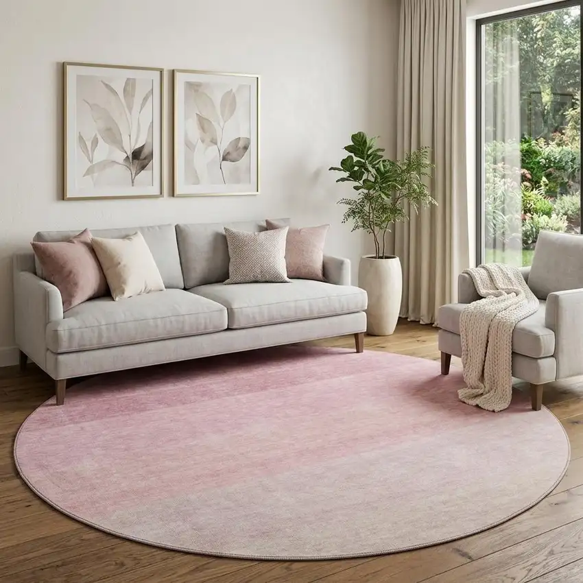 8' Pink And Ivory Ombre Washable Round Rug With UV Protection Photo 1
