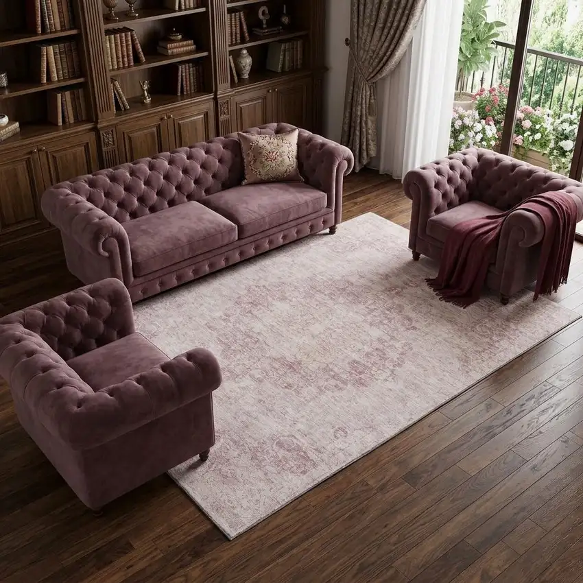 8' Pink And Ivory Oriental Washable Area Rug With UV Protection Photo 1