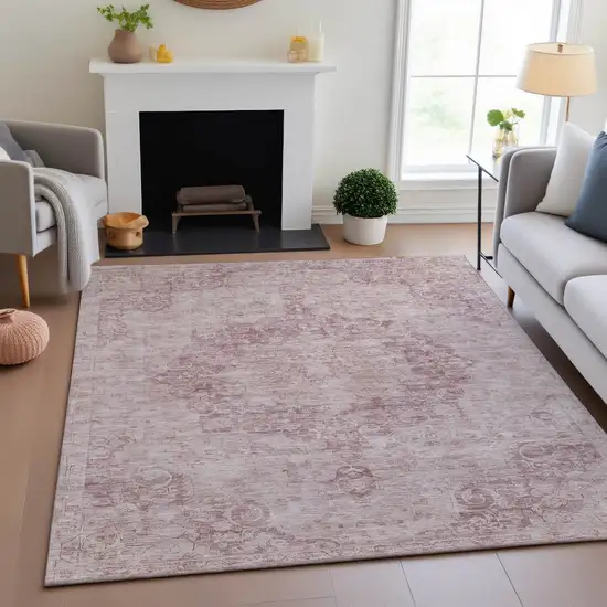 8' Pink And Ivory Oriental Washable Area Rug With UV Protection Photo 4
