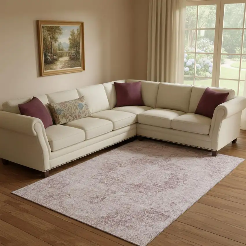 8' Pink And Ivory Oriental Washable Area Rug With UV Protection Photo 2