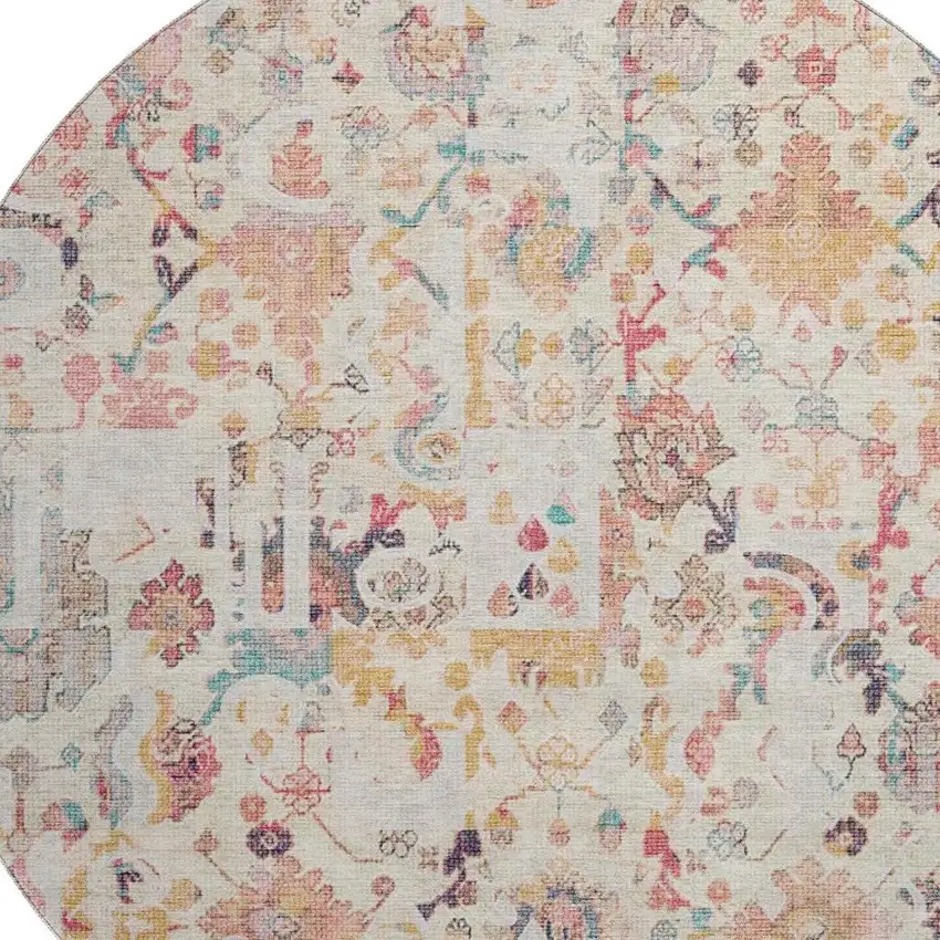 8' Pink And Ivory Patchwork Washable Round Rug With UV Protection Photo 3
