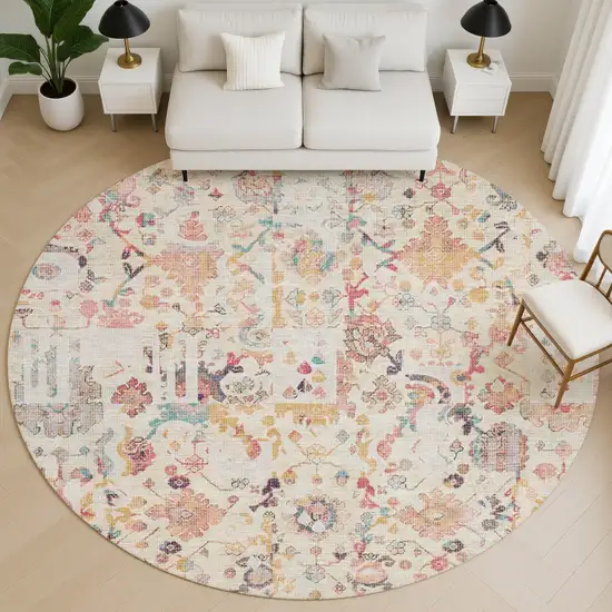 8' Pink And Ivory Patchwork Washable Round Rug With UV Protection Photo 5
