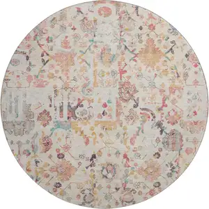 Photo of 8' Pink And Ivory Patchwork Washable Round Rug With UV Protection