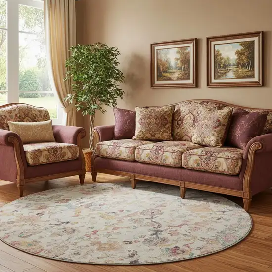 8' Pink And Ivory Patchwork Washable Round Rug With UV Protection Photo 2