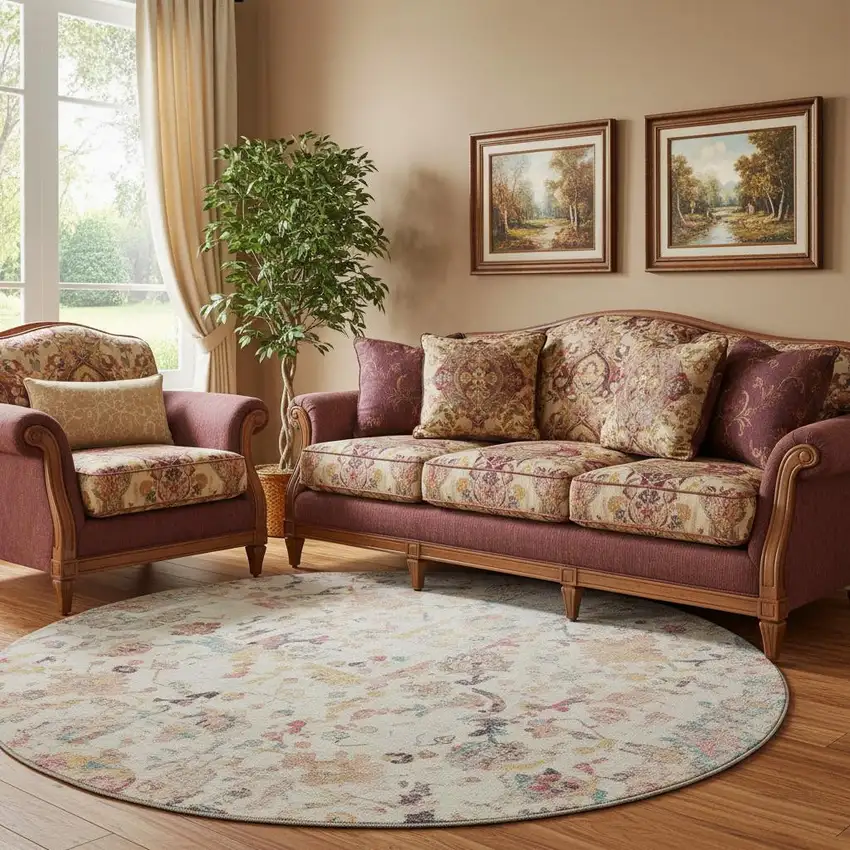 8' Pink And Ivory Patchwork Washable Round Rug With UV Protection Photo 2