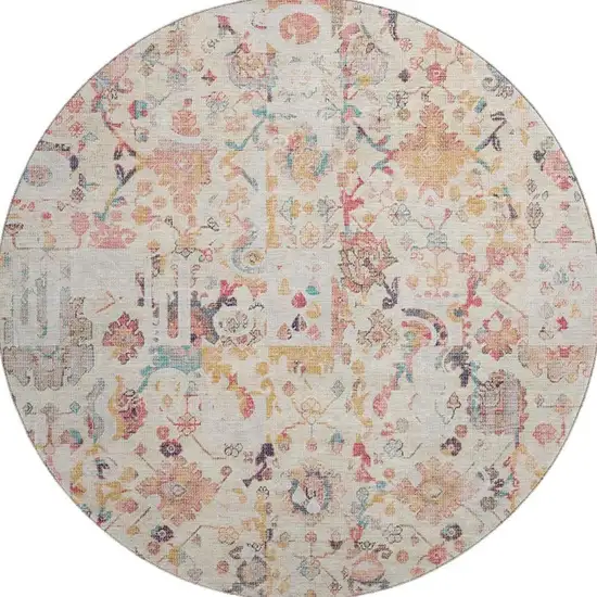 8' Pink And Ivory Patchwork Washable Round Rug With UV Protection Photo 4