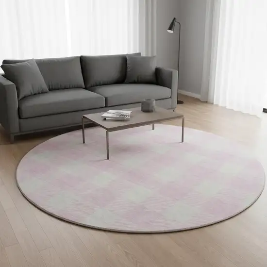 8' Pink And Ivory Plaid Washable Round Rug With UV Protection Photo 2