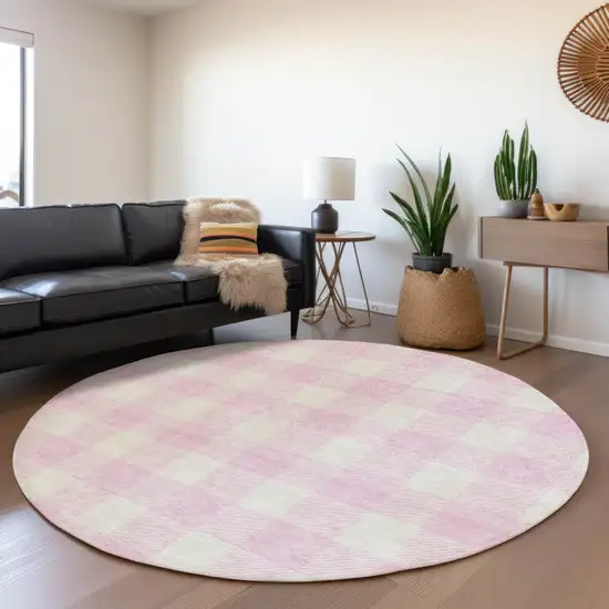 8' Pink And Ivory Plaid Washable Round Rug With UV Protection Photo 4