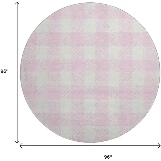 8' Pink And Ivory Plaid Washable Round Rug With UV Protection Photo 9