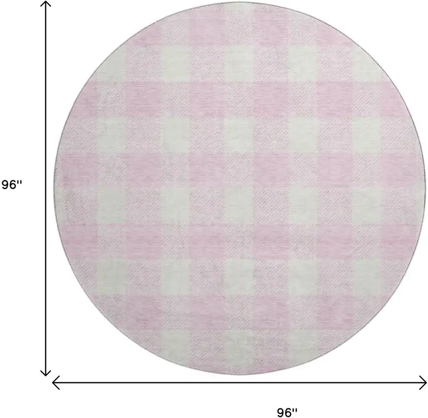 8' Pink And Ivory Plaid Washable Round Rug With UV Protection Photo 9
