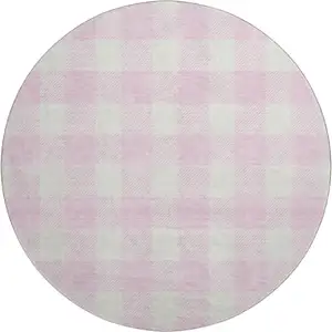 Photo of 8' Pink And Ivory Plaid Washable Round Rug With UV Protection