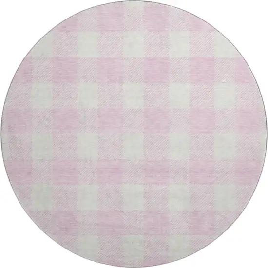 8' Pink And Ivory Plaid Washable Round Rug With UV Protection Photo 1