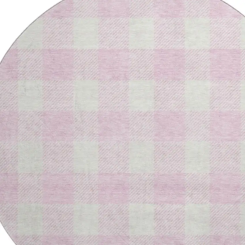 8' Pink And Ivory Plaid Washable Round Rug With UV Protection Photo 2
