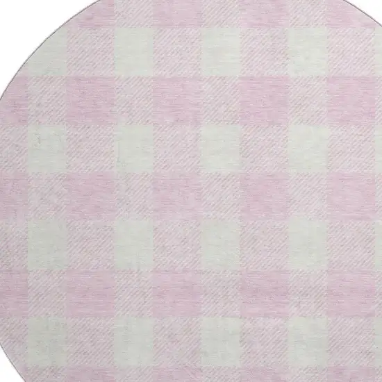 8' Pink And Ivory Plaid Washable Round Rug With UV Protection Photo 2