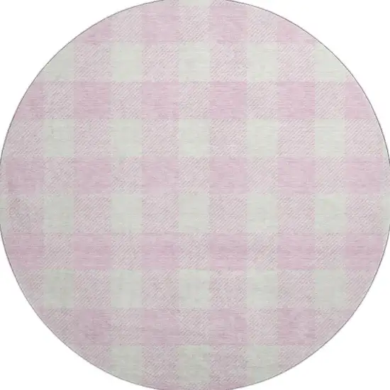 8' Pink And Ivory Plaid Washable Round Rug With UV Protection Photo 3