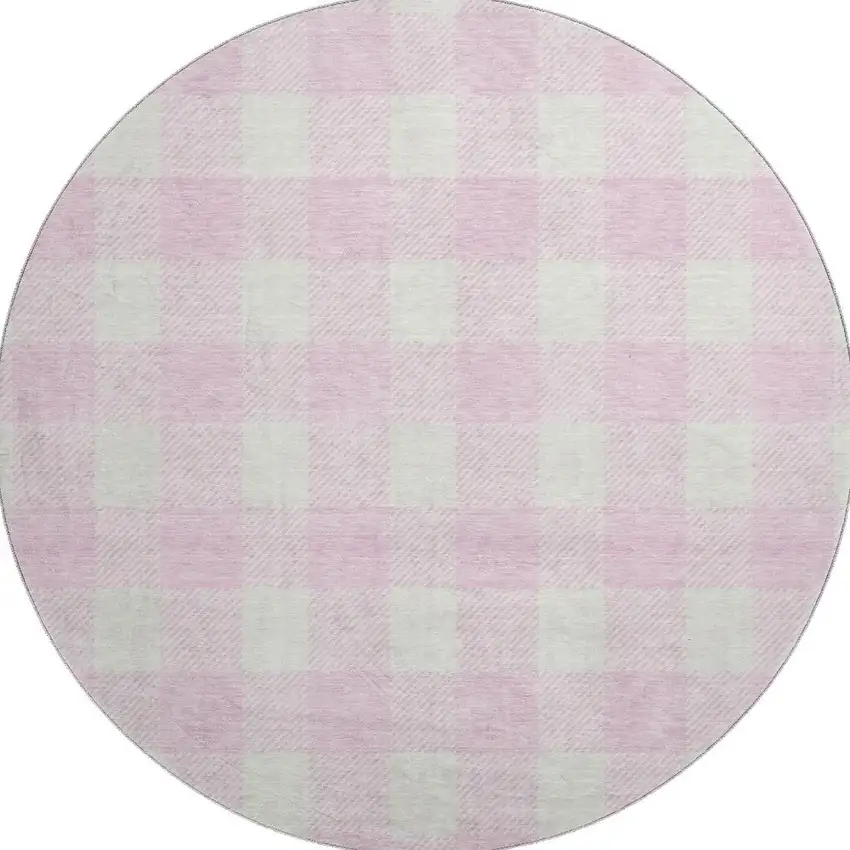 8' Pink And Ivory Plaid Washable Round Rug With UV Protection Photo 3