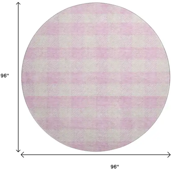 8' Pink And Ivory Plaid Washable Round Rug With UV Protection Photo 9