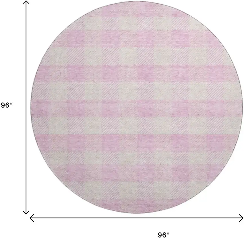 8' Pink And Ivory Plaid Washable Round Rug With UV Protection Photo 9