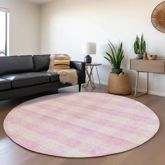 8' Pink And Ivory Plaid Washable Round Rug With UV Protection Photo 4