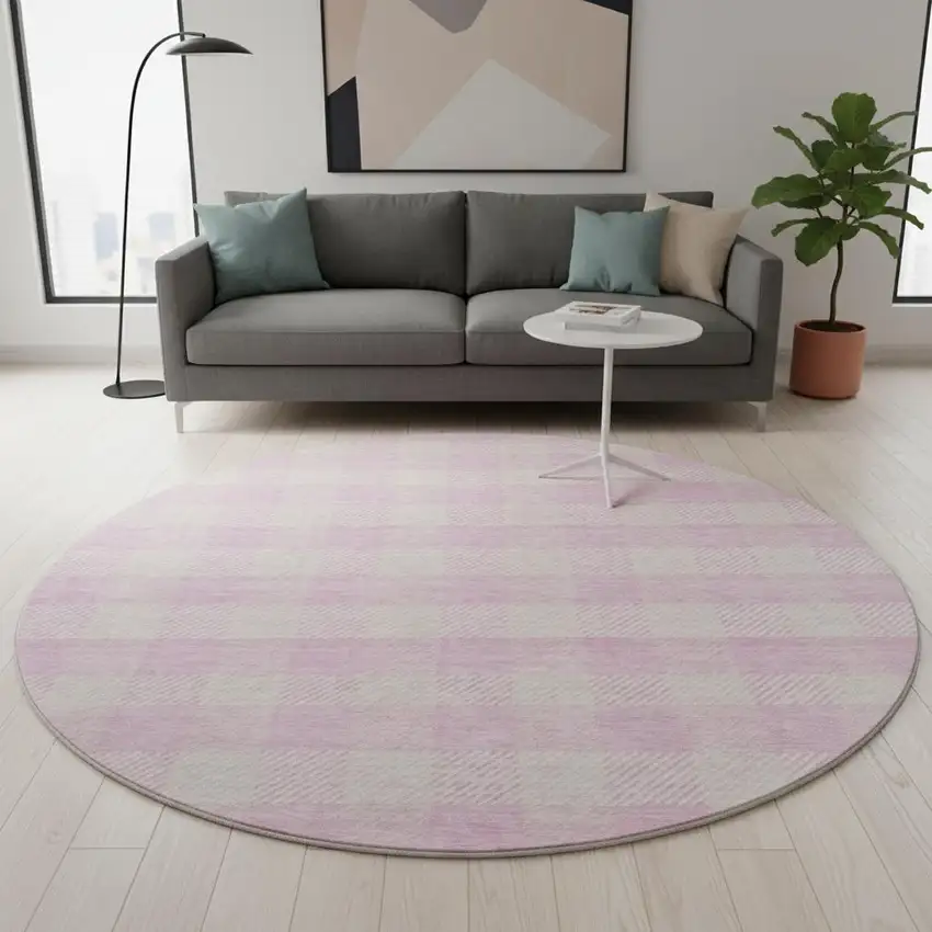 8' Pink And Ivory Plaid Washable Round Rug With UV Protection Photo 2