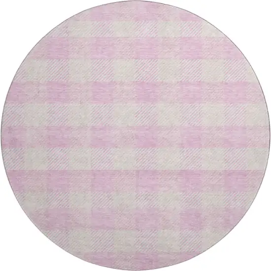 8' Pink And Ivory Plaid Washable Round Rug With UV Protection Photo 1