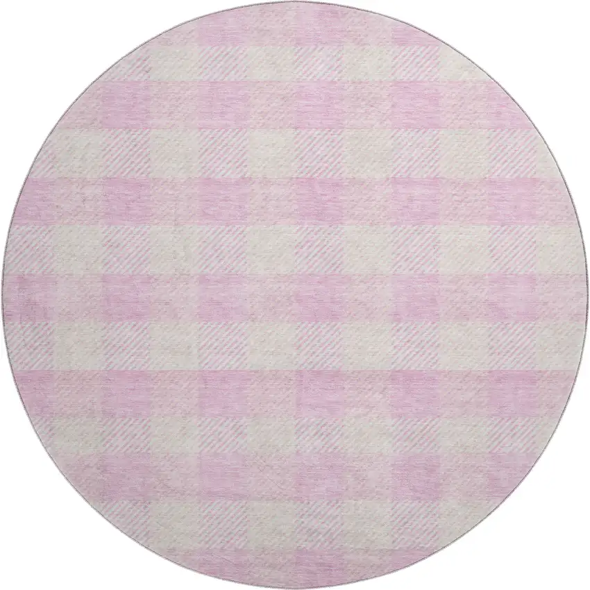 8' Pink And Ivory Plaid Washable Round Rug With UV Protection Photo 1
