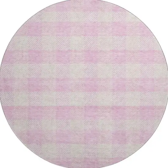 8' Pink And Ivory Plaid Washable Round Rug With UV Protection Photo 2